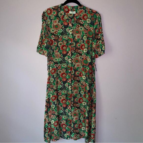 Untuckit Size 12 Floral Green and Red Midi Dress Button Up Short Sleeve - Picture 1 of 8